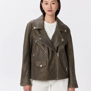 Quince 100% Leather Oversized Biker Jacket. L. Distressed Brown. Sheep Leather.